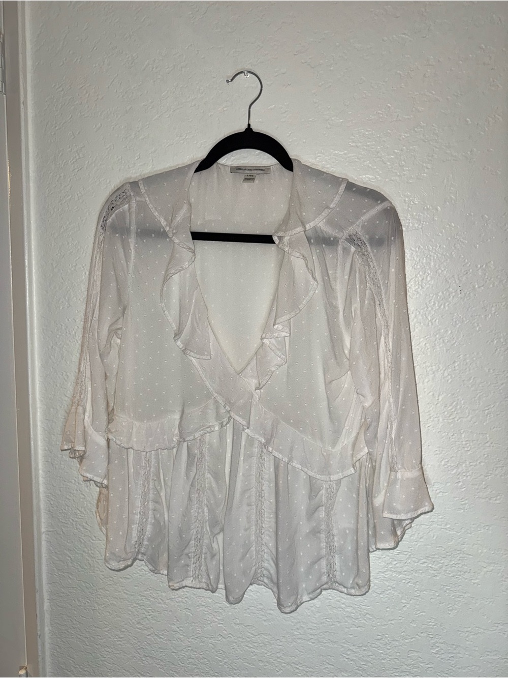 American Eagle Outfitters White Sheer Ruffle Wrap Blouse